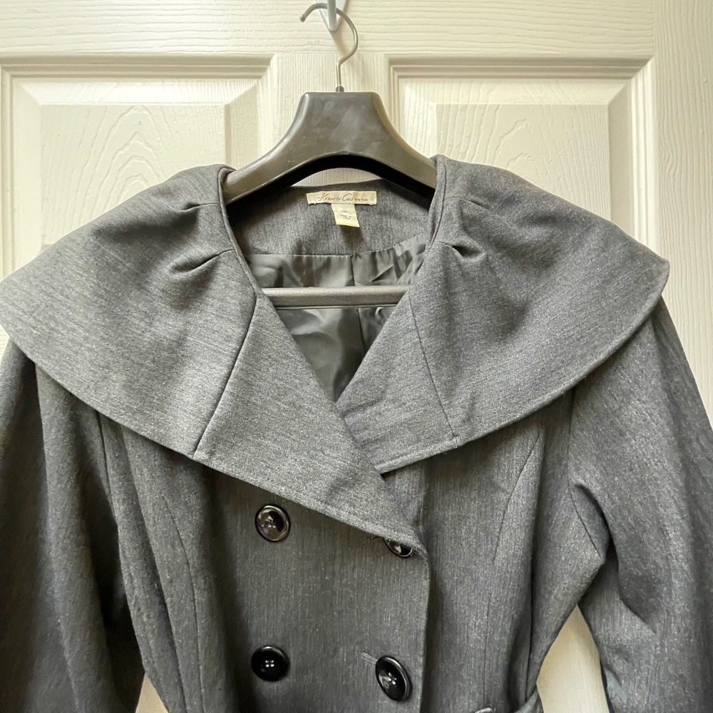 Kenneth Cole New York Womens Sz 10 Gray Shawl Neck Belted Double Breasted Jacket - Picture 4 of 16